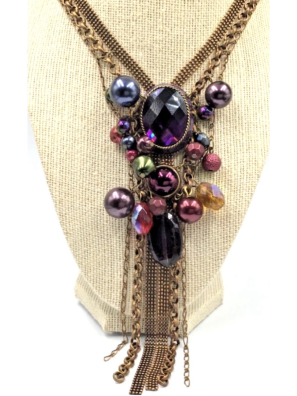 Vtg Chicos Mark Triple Chain Antiqued Copper Purple Necklace Tassel Glass Pearl